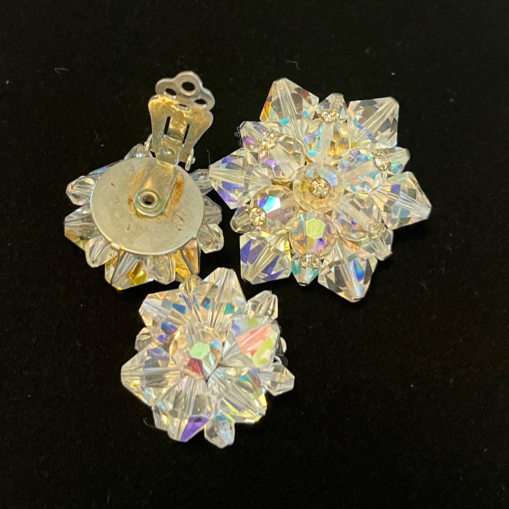 Aurora Borealis set, clip earrings, pin